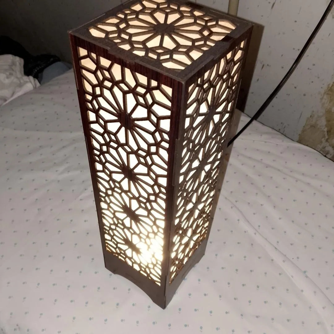 Wooden Floor Lamp with Geometric Cutouts Dark Brown Golden Glow