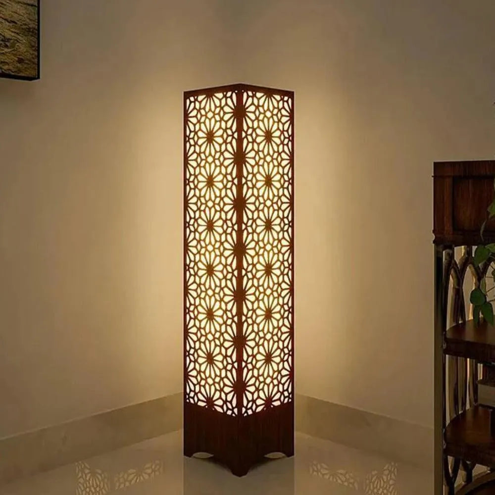 Wooden Floor Lamp with Geometric Cutouts Dark Brown Golden Glow
