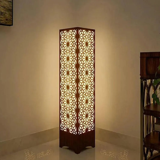 Wooden Floor Lamp with Geometric Cutouts Dark Brown Golden Glow