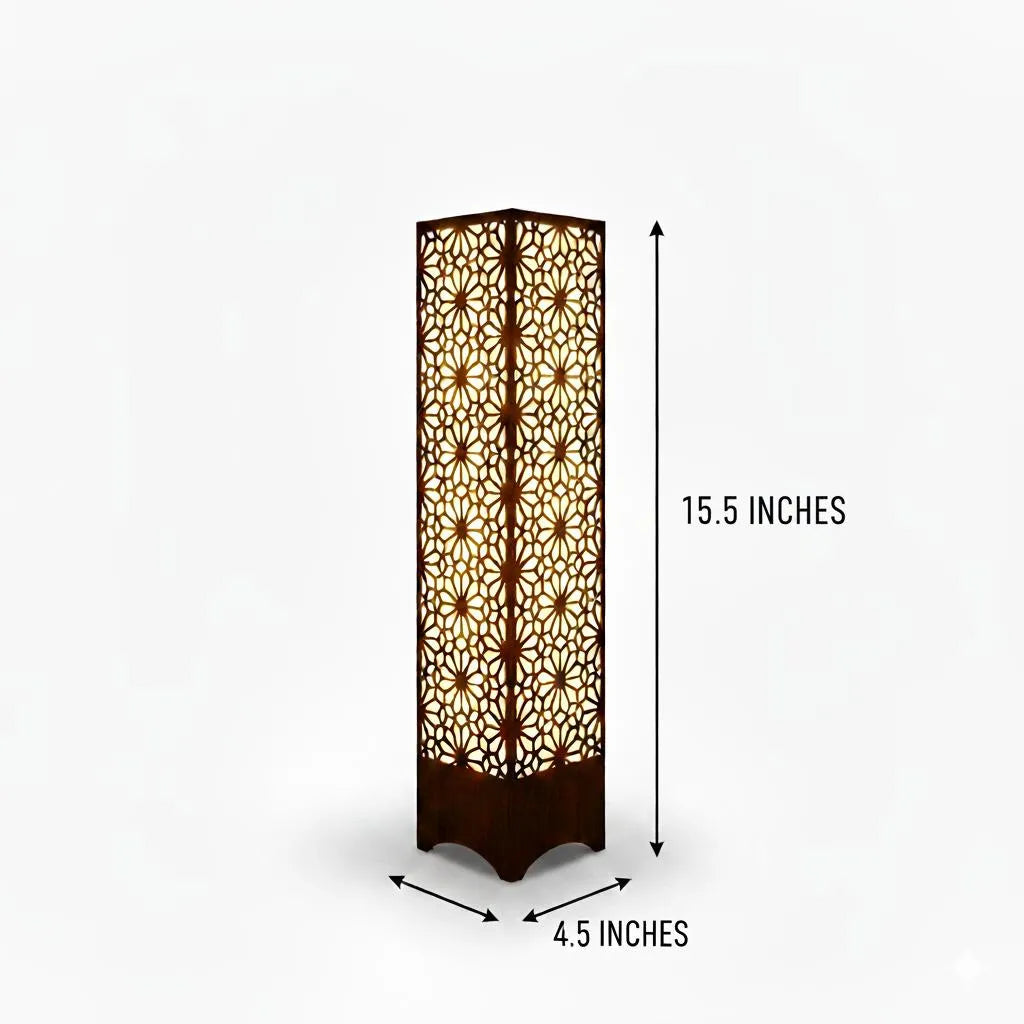Wooden Floor Lamp with Geometric Cutouts Dark Brown Golden Glow