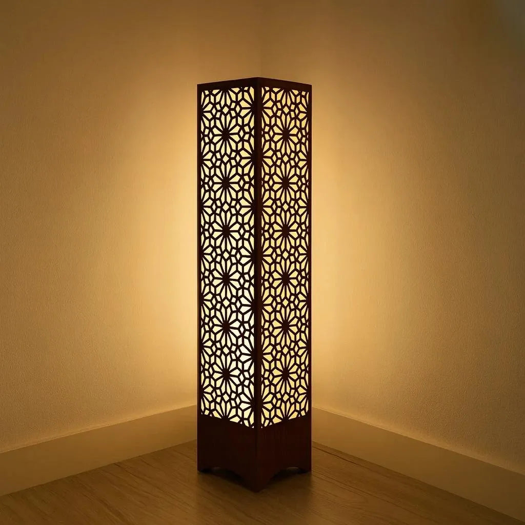 Wooden Floor Lamp with Geometric Cutouts Dark Brown Golden Glow