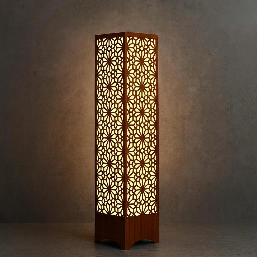 Wooden Floor Lamp with Geometric Cutouts Dark Brown Golden Glow