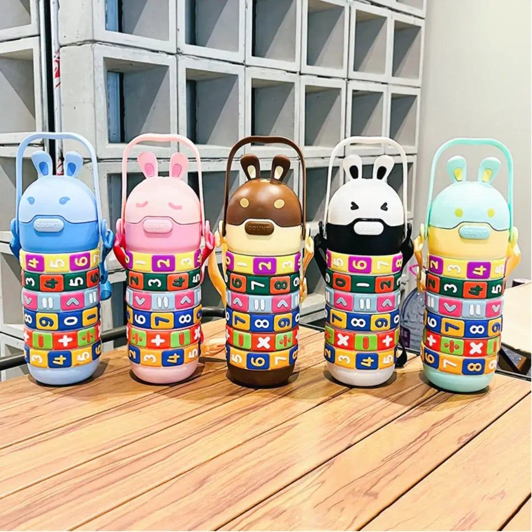 High Quality Kids Rabbit Puzzle Water Bottle 520ml – Educational Rotating Number Straw Sipper | Leakproof School Bottle for Boys & Girls