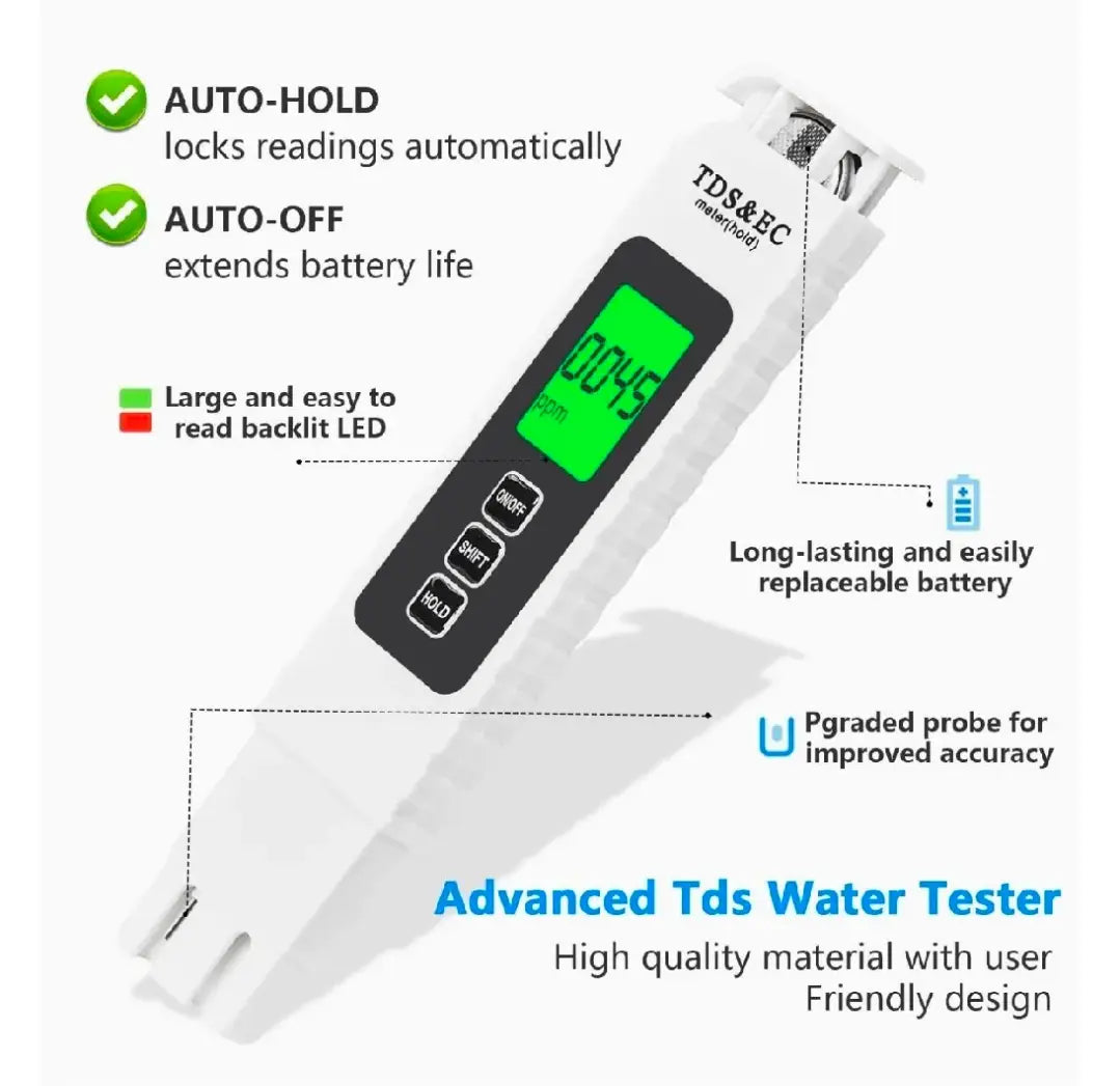 3-in-1 Digital TDS & EC Water Tester with Backlight - PPM & Temperature Meter
