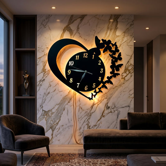 Heart & Butterfly Wall Clock Black Battery Operated