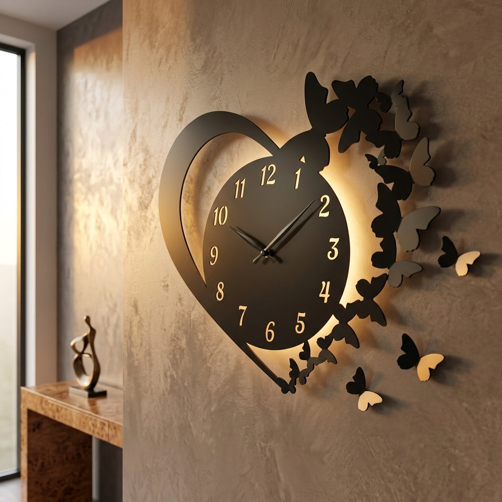 Heart & Butterfly Wall Clock Black Battery Operated