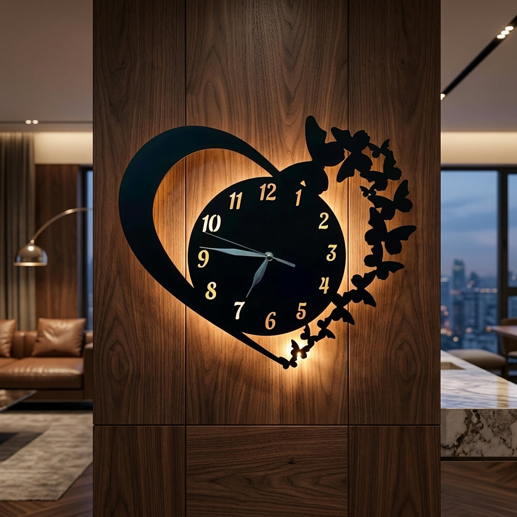 Heart & Butterfly Wall Clock Black Battery Operated