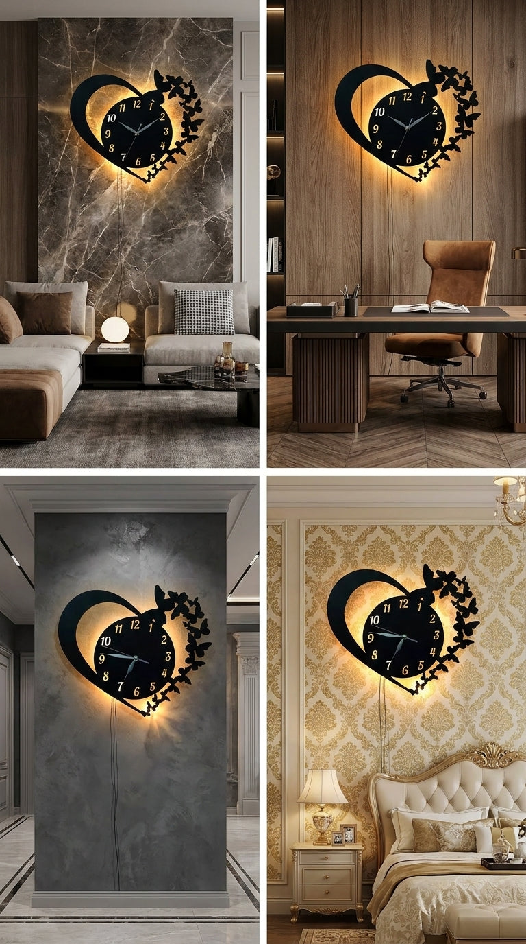 Heart & Butterfly Wall Clock Black Battery Operated