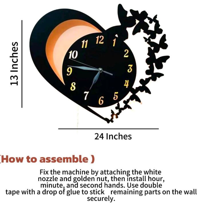 Heart & Butterfly Wall Clock Black Battery Operated